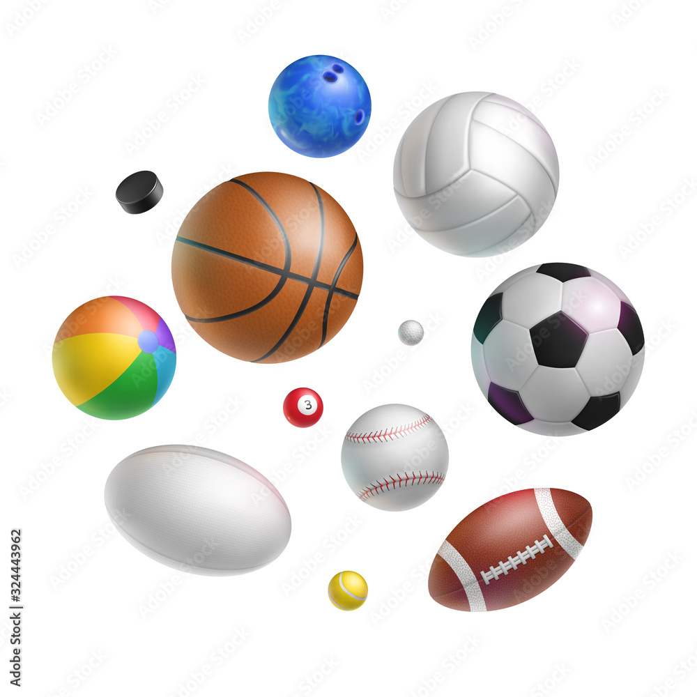 Realistic balls set for various sports games. Golf, soccer, hockey, bowling and billiard sports equipment isolated on white background. Sports competition and outdoors activity vector illustration