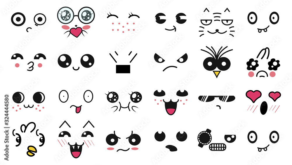 Kawaii cute faces. Manga style eyes and mouths. Funny cartoon japanese emoticon in in different expressions. For social networks. Expression anime character and emoticon face illustration. Background. Kawaii cute faces. Manga style eyes and mouths. Funny cartoon japanese emoticon in in different expressions. For social networks. Expression anime character and emoticon face illustration. Background.