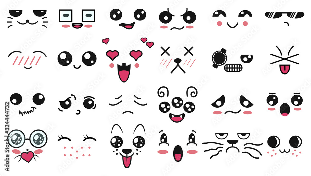 Kawaii cute faces. Manga style eyes and mouths. Funny cartoon japanese  emoticon in in different expressions. For social networks. Expression anime  character and emoticon face illustration. Background. Stock Vector | Adobe  Stock