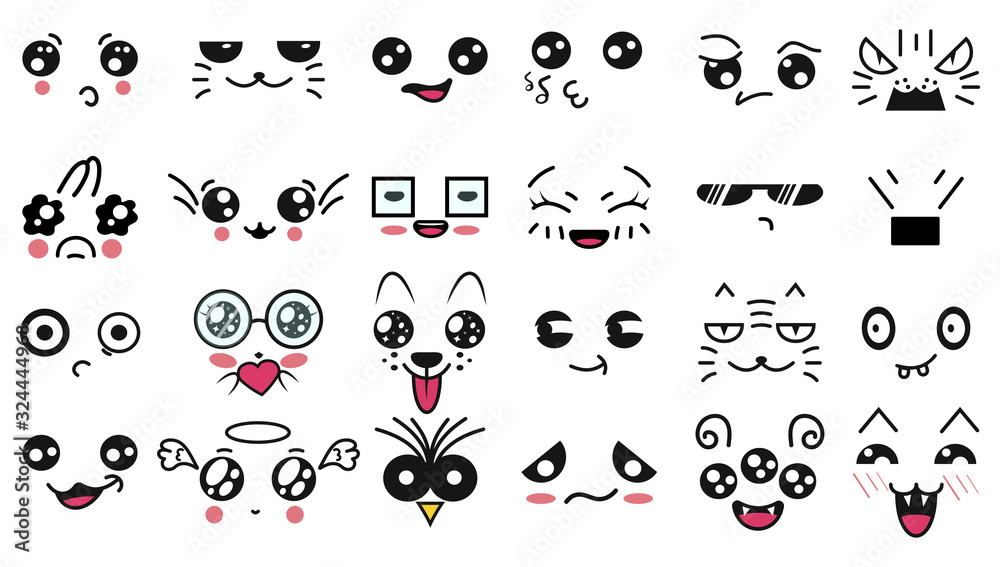 Kawaii cute faces. Manga style eyes and mouths. Funny cartoon japanese emoticon in in different expressions. For social networks. Expression anime character and emoticon face illustration. Background. Kawaii cute faces. Manga style eyes and mouths. Funny cartoon japanese emoticon in in different expressions. For social networks. Expression anime character and emoticon face illustration. Background.