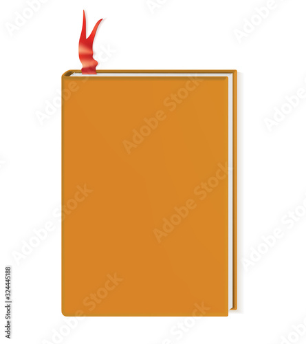 Book with blank cover realistic vector illustration. Closed diary mock up. Copybook with hardcover. Blank planner with red bookmark. School textbook, organizer isolated on white background