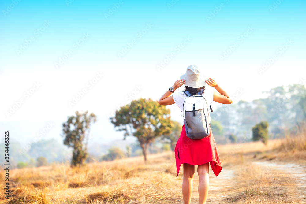 Female traveler walking on a fall day in the beautiful natural park.. Female traveler walking on a fall day in the beautiful natural park..