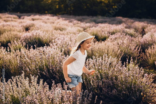 Fototapeta Naklejka Na Ścianę i Meble -  Smiling caucasian girl wearing a nice hat is playing joyfully in a lavender field during a sunny summer day