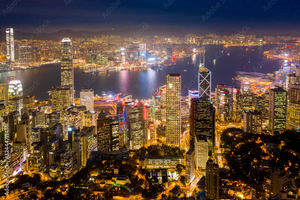 aerial view of Hong Kong at night