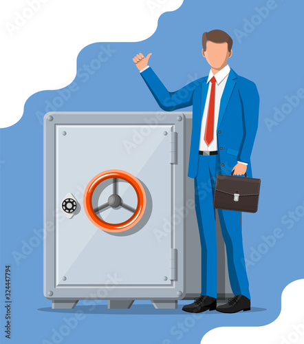 Businessman and metallic safe box with closed door for money. Bank vault security, deposit storage, cash safety safebox. Vector illustration in flat style