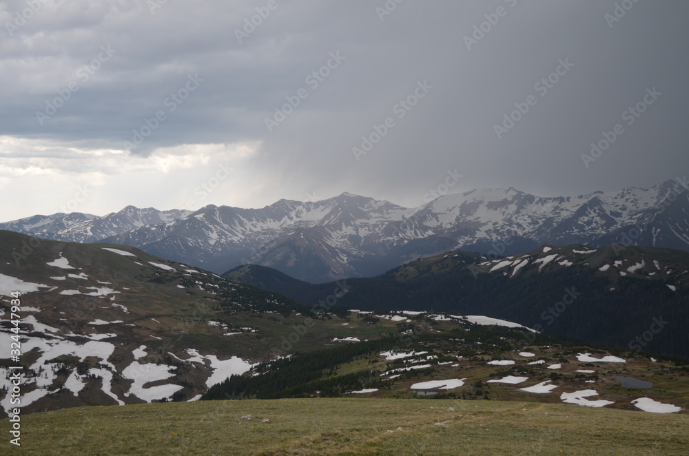 Summer in Colorado: Thunderstorm Over Baker Mountain, Mt Stratus, Mt Nimbus, Mt Cumulus and Howard Mountain of the Never Summer Mountains Seen From Along Trail Ridge Road in Rocky Mountain National Pa