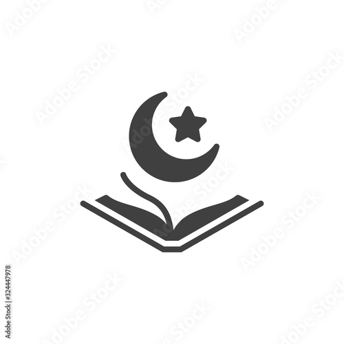 Quran book with Moon and Star vector icon. filled flat sign for mobile concept and web design. Ramadan Kareem glyph icon. Muslim religion symbol, logo illustration. Vector graphics