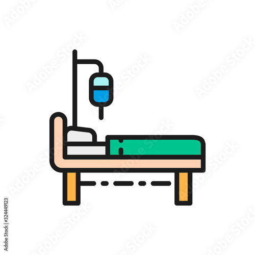 Hospital bed with medical equipments, intensive care flat color line icon.