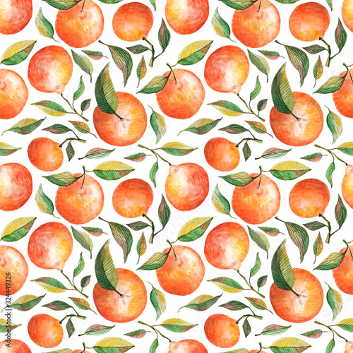 Watercolor seamless pattern with oranges tangerines citrus fruits green leaves isolated on white background. Fruit repeated background. Botanical illustration for fabric textile