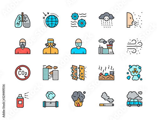 Set of Pollution Flat Color Line Icons. Air Dust, Protective Mask, Smog and more