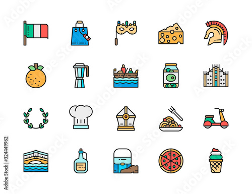 Set of Italian Culture Flat Color Line Icons. Mandarin, Gondola, Pasta and more.
