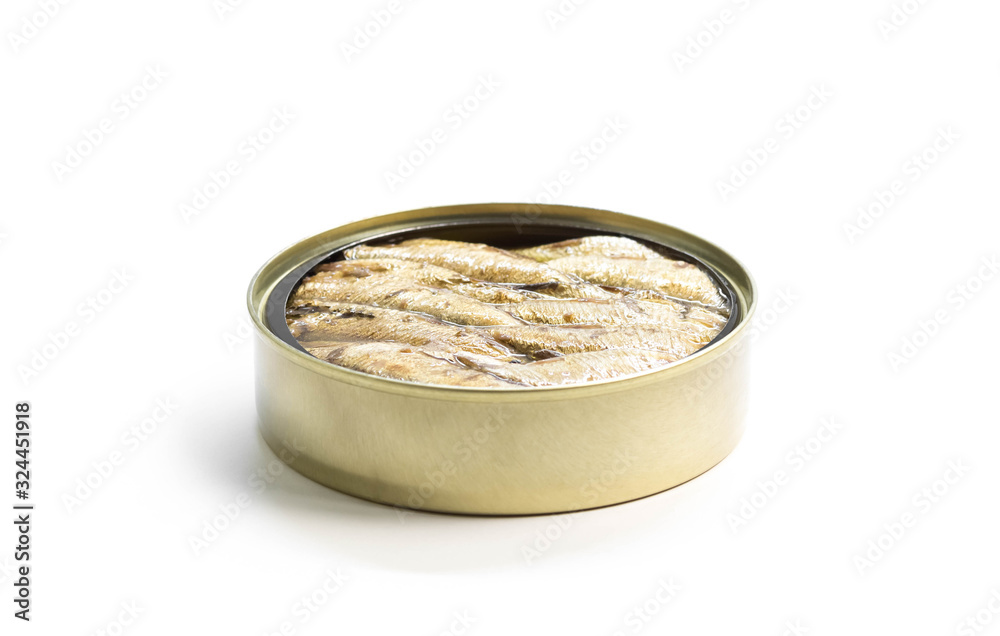 Sprats in a can. Close up. Isolated on a white background Sprats in a can. Close up. Isolated on a white background