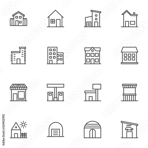 Buildings line icons set. Real estate linear style symbols collection, outline signs pack. vector graphics. Set includes icons as country house, office, garage, store front, oil station, school, home
