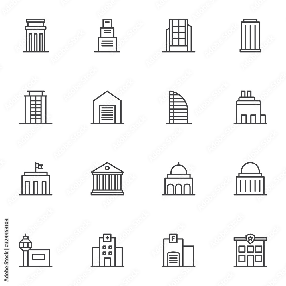 Public buildings line icons set. linear style symbols collection, outline signs pack. vector graphics. Set includes icons as townhouse, police department, courthouse, hospital, skyscraper office, home