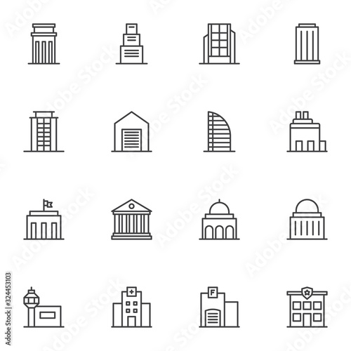 Public buildings line icons set. linear style symbols collection, outline signs pack. vector graphics. Set includes icons as townhouse, police department, courthouse, hospital, skyscraper office, home