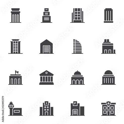Public buildings vector icons set, modern solid symbol collection, filled style pictogram pack. Signs, logo illustration. Set includes icons as townhouse, police department, courthouse, hospital, home