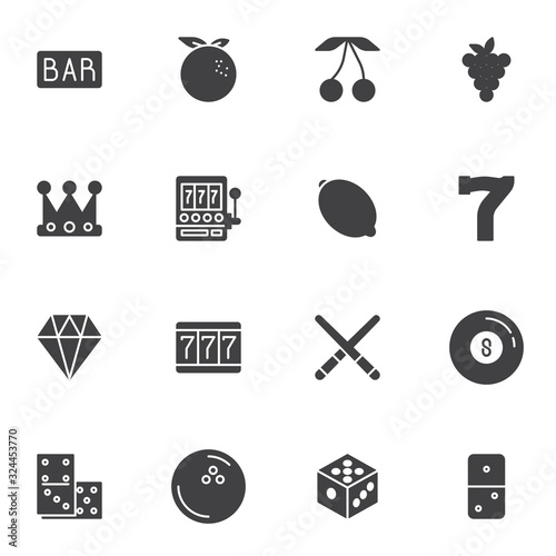 Gambling and casino vector icons set, modern solid symbol collection, filled style pictogram pack. Signs, logo illustration. Set includes icons as Lucky seven 777 slot machine, casino game, dominoes
