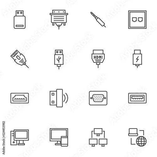 PC connectors and sockets line icons set. linear style symbols collection, outline signs pack. vector graphics. Set includes icons as HDMI cable, network connection, computer monitor, usb flash drive