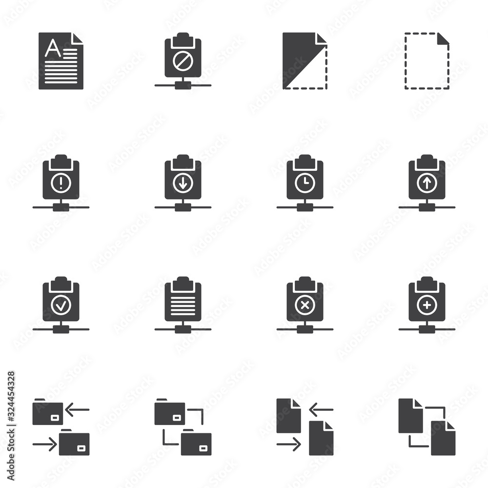 Document files vector icons set, modern solid symbol collection, filled style pictogram pack. Signs logo illustration. Set includes icons as download, upload, transfer document, server archive folder Document files vector icons set, modern solid symbol collection, filled style pictogram pack. Signs logo illustration. Set includes icons as download, upload, transfer document, server archive folder