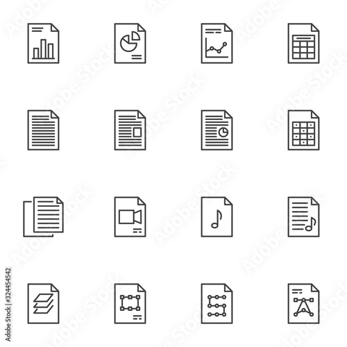 Document files line icons set. linear style symbols collection, File folders outline signs pack. vector graphics. Set includes icons as financial report, diagram presentation, history archive, copy
