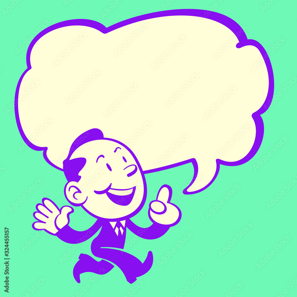 Retro Style of cute business man talking while walking with a big speech bubble for text area. Retro Style of cute business man talking while walking with a big speech bubble for text area.