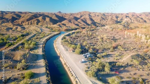 Aerial drone view of irrigation canal in Mittry Lake Wildlife Area - Yuma Arizona photo