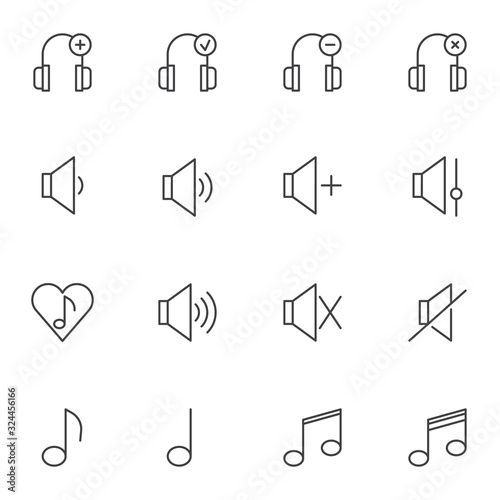 Sound, audio line icons set. linear style symbols collection, outline signs pack. vector graphics. Set includes icons as headphones, musical note, silent mode, favorite song, volume level, recording