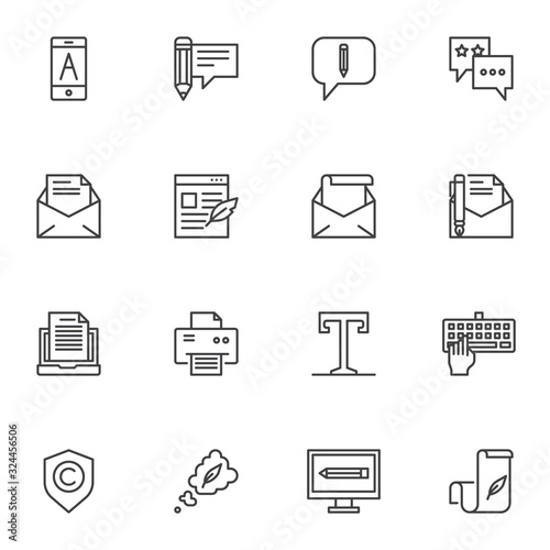 Document edit line icons set. Copywriting linear style symbols collection, outline signs pack. vector graphics. Set includes icons as message writing, text font, envelope mail, email document, mobile