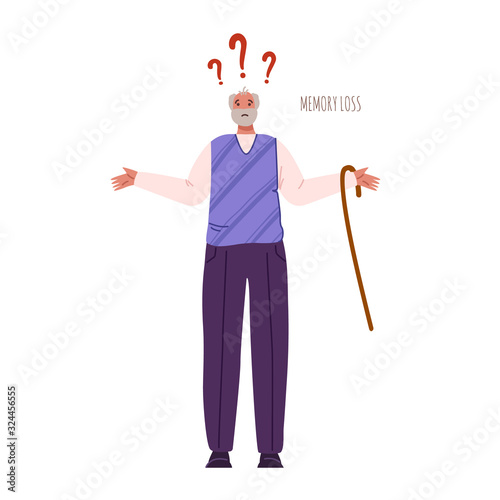 Alzheimers or Parkinsons disease - confused old man with dementia signs and symptoms, memory loss, aged senior men with mental problems - flat vector isolated on white