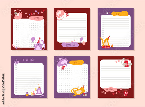 Cats birthday planner or personal stationery organizer or stickers set with notes and to do list for daily plans, schedule with flat cartoon pets or kittens on white - vector printable page template