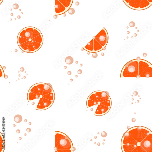 seamless pattern refreshing juicy orange with pulp and bubbles of carbonated drink on a transparent background, natural citrus juice, refreshing tropical fruits