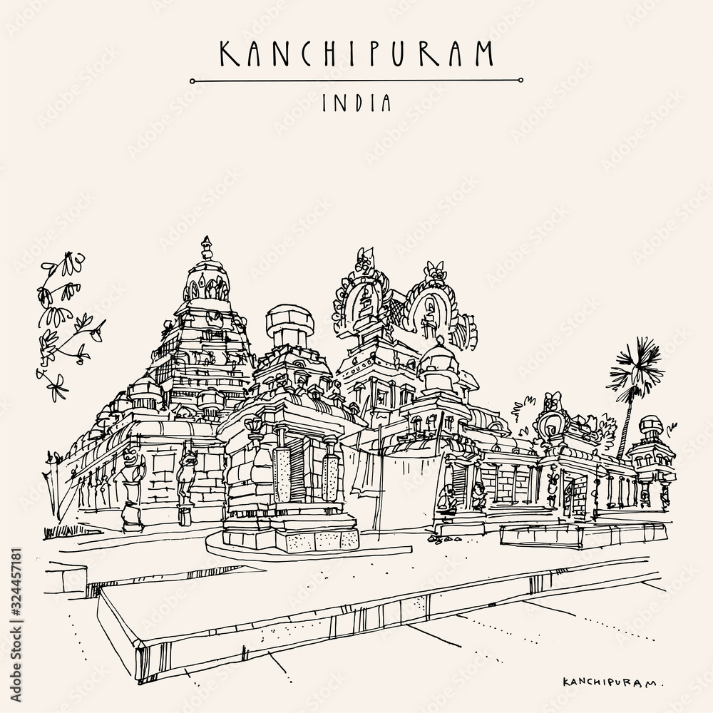 Kanchipuram (Kanchi), Tamil Nadu, South India. Kailasanathar Temple. Hindu religion sacred place. Travel sketch drawing. Vintage hand drawn touristic postcard