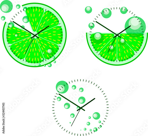 watch, logo, sectional refreshing juicy lemon with pulp and bubbles of carbonated drink. Natural citrus juice. Refreshing tropical fruits