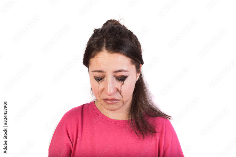 girl crying over makeup, sad person concept isolated on white girl crying over makeup, sad person concept isolated on white
