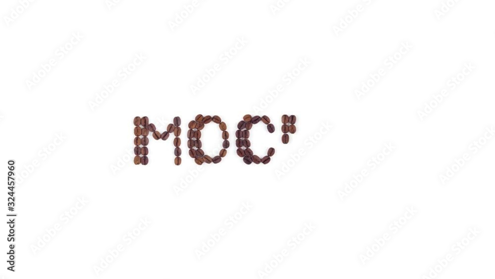 Stop motion set of animation roasted coffee beans arranged in word ‘wecome’ on white background. Stop motion set of animation roasted coffee beans arranged in word ‘wecome’ on white background.