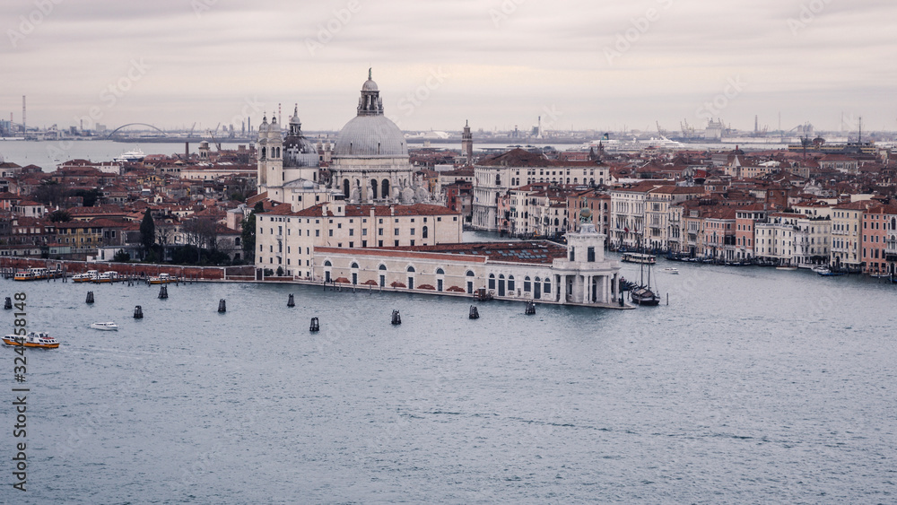 Panoramic view of the Venetian lagoon and the church of Santa Maria della Salute.