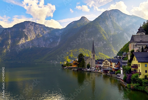 Hallstatt lake view on a briight day