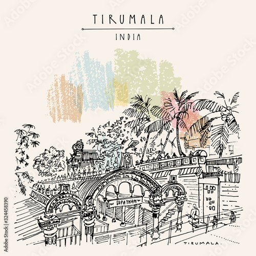 Venkateswara Temple, Tirumala, Andhra Pradesh, India. Travel sketch. Vintage hand drawn postcard