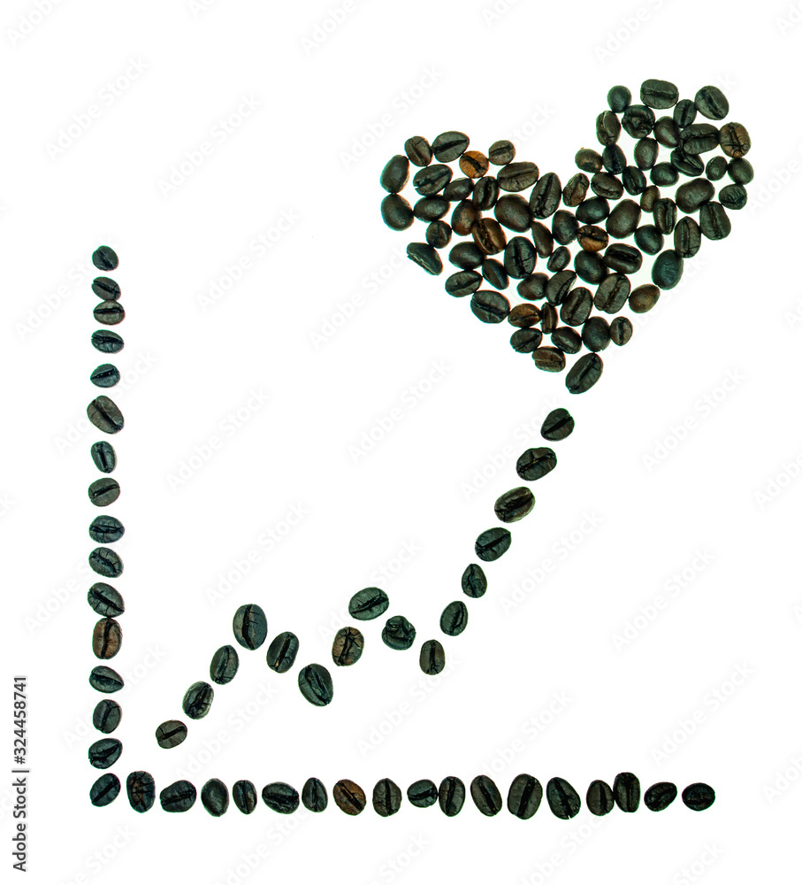 Heart shaped coffee beans put on chart. Concept love for coffee Heart shaped coffee beans put on chart. Concept love for coffee