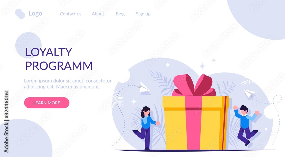 Loyalty program is a concept. Man and a woman receive a gift for using the services. Gift box with a bow. Landing web page template.