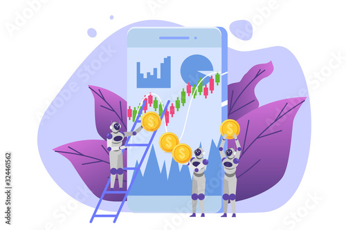 Robot investing, Robo-advisor. Artificial intelligence and businessman using IT algorithms for Forex tradings. Vector illustration