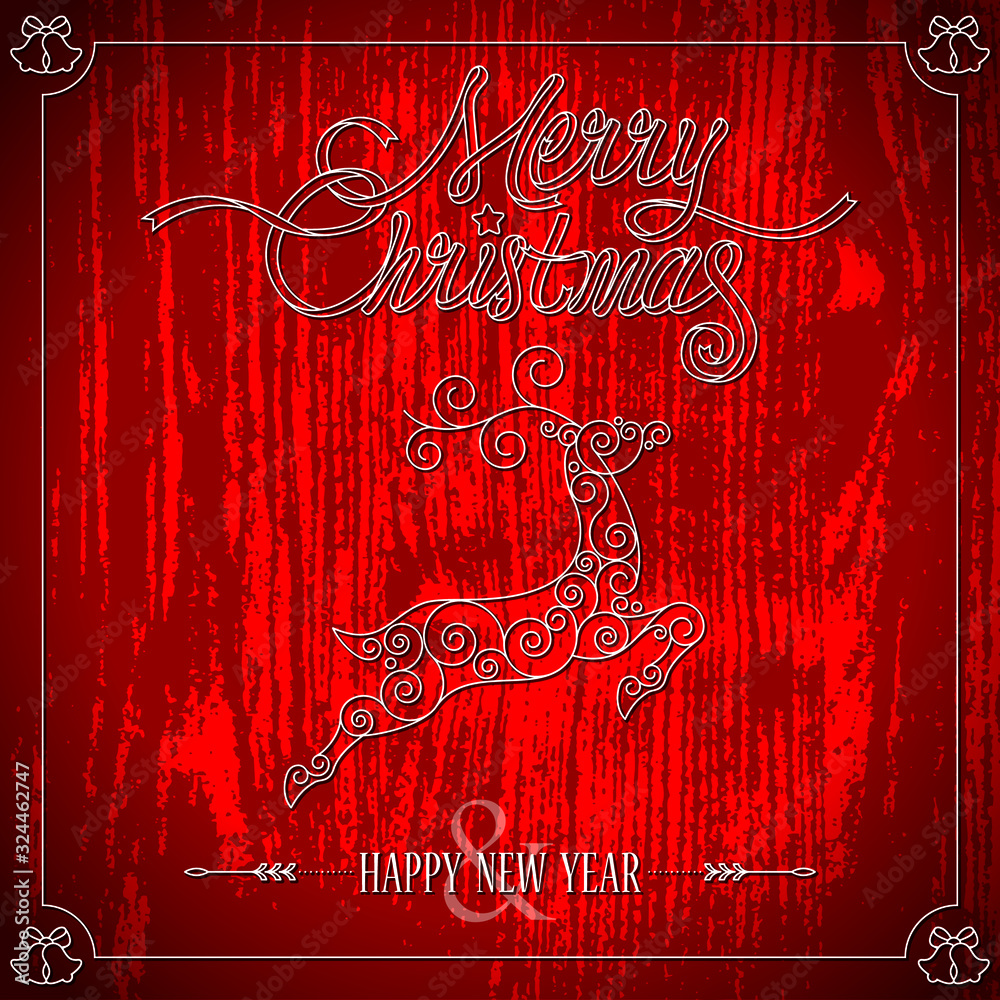 Fototapeta Outline style Ribbon Typo Merry Christmas and reindeer on red wooden texture.