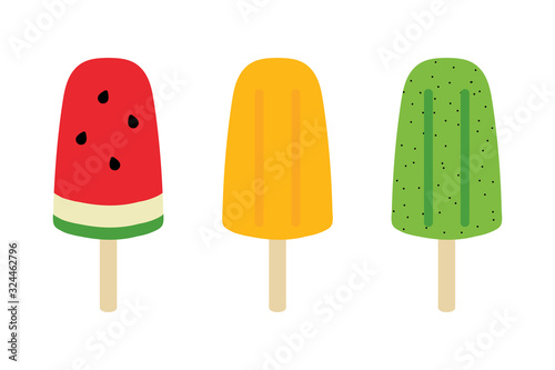 Set, collection of cute and colorful vector popsicles, ice cream on stick.