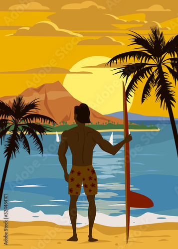 Surfer standing with surfboard on the tropical beach back view. Hawaii surfing palms ocean theme