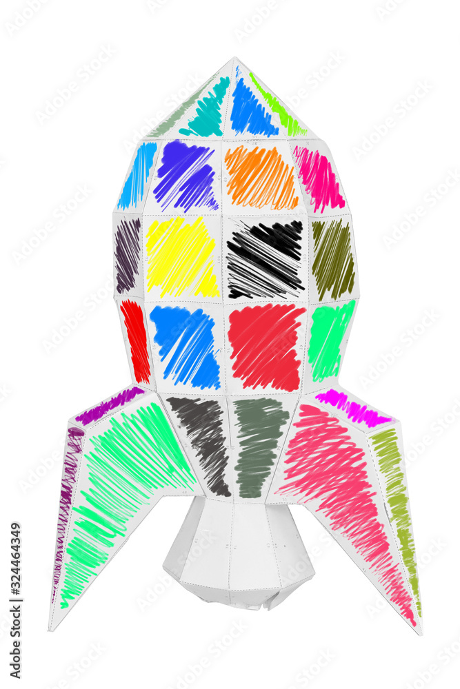 Fototapeta premium Paper rocket colorfully painted isolated on white background for educational folding paper