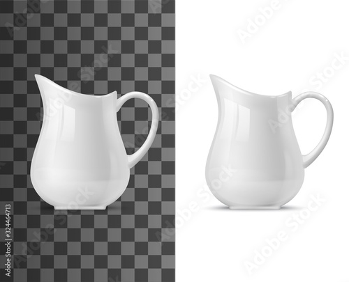 Creamer or milk pot vector templates of white ceramic tableware. 3d porcelain jug, pitcher, coffee or tea creamer with handle on transparent and white background