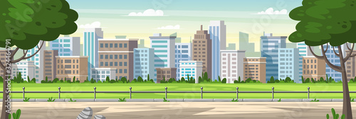 Panorama cityscape with park and trees. Cartoon Vector Illustrations with separate layers.
