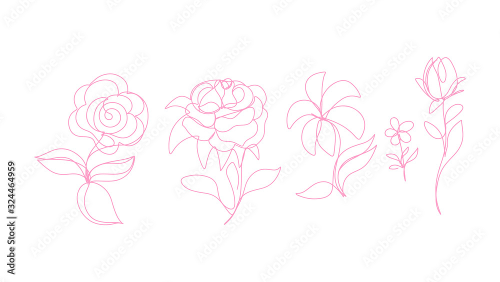 Continuous line art, hand drawn flowers set.  