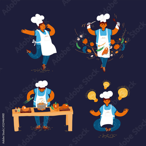 Vector cartoon illustration of home and small restaurant male man cook concepts. Creating Ideas for Cooking, conducting cook process, chef man showing sign for delicious, with taste approval gesture.