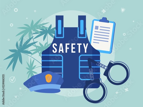 Civil Security Promotion and Police Equipment. Officer Body Armor and Peaked Cap, Handcuffs and Clipboard for Taking Formal Note Violation. Security, Law, Order. Tropical Design. Vector Illustration